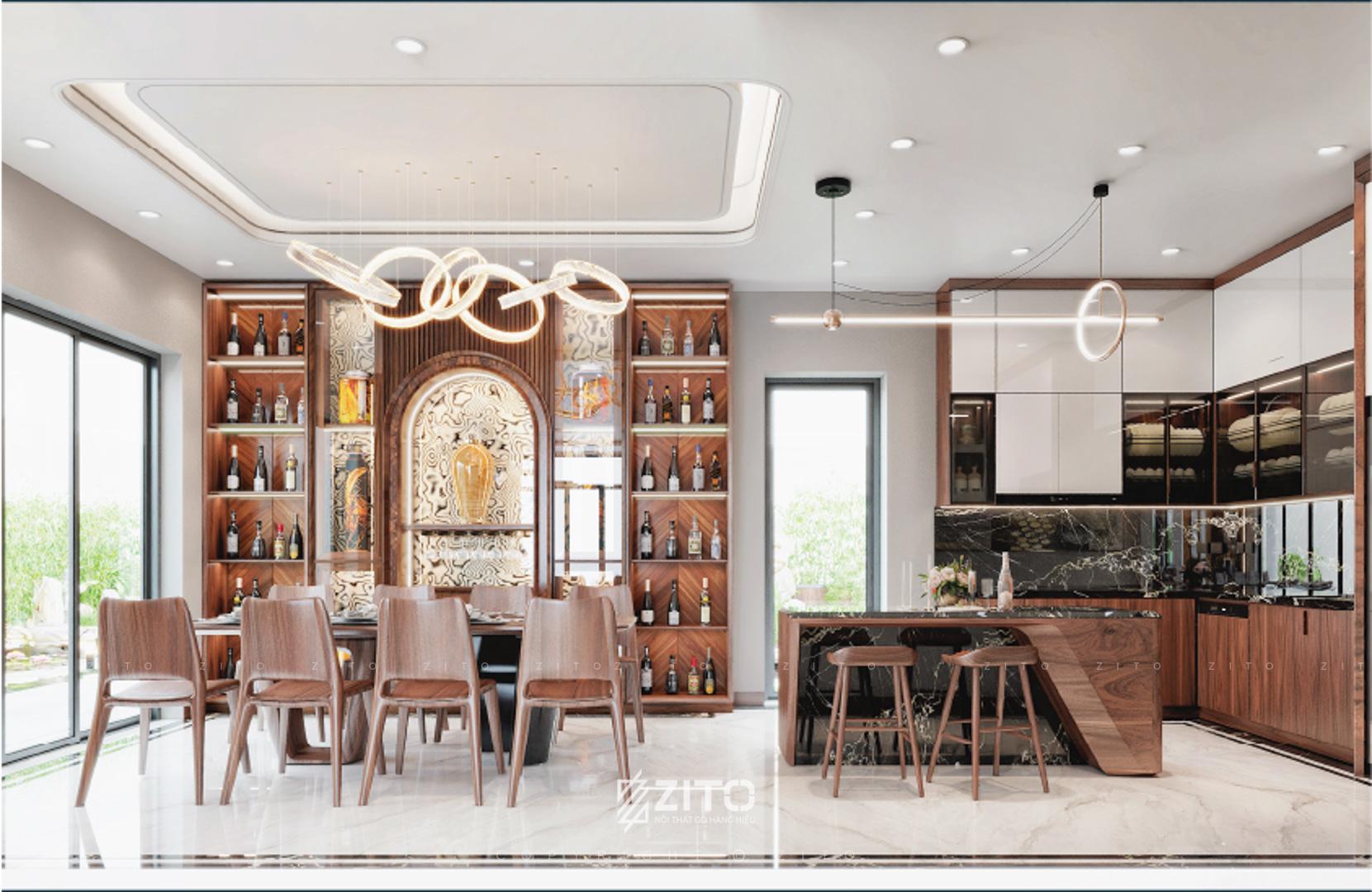 Mẫu thiết kế nội thất biệt thự nhà vườn gỗ óc chó